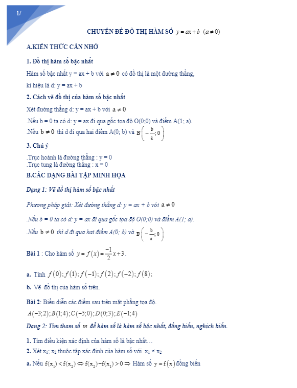 Chuyên đề đồ thị hàm số y = ax + b (a khác 0)