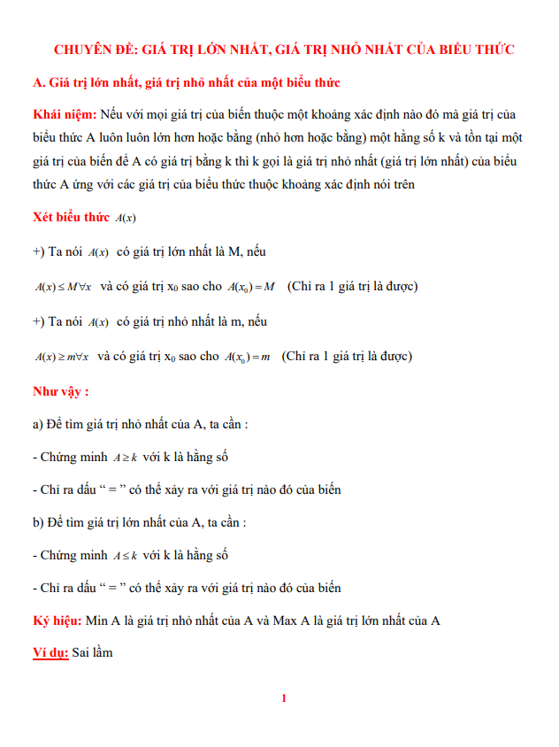 Chuyên đề giá trị lớn nhất, giá trị nhỏ nhất của biểu thức bồi dưỡng HSG lớp 8 môn Toán
