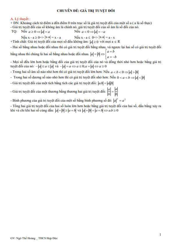 Chuyên đề giá trị tuyệt đối bồi dưỡng học sinh giỏi lớp 6 môn Toán 7