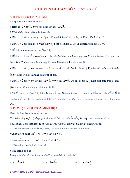 Chuyên đề hàm số $y = a{x^2}$ $\left( {a \ne 0} \right)$