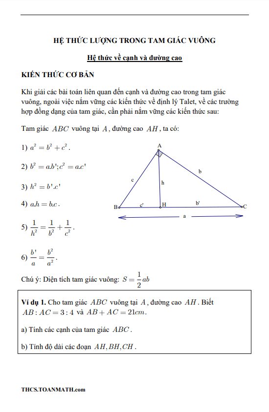 Chuyên đề hệ thức lượng trong tam giác vuông ôn thi vào 