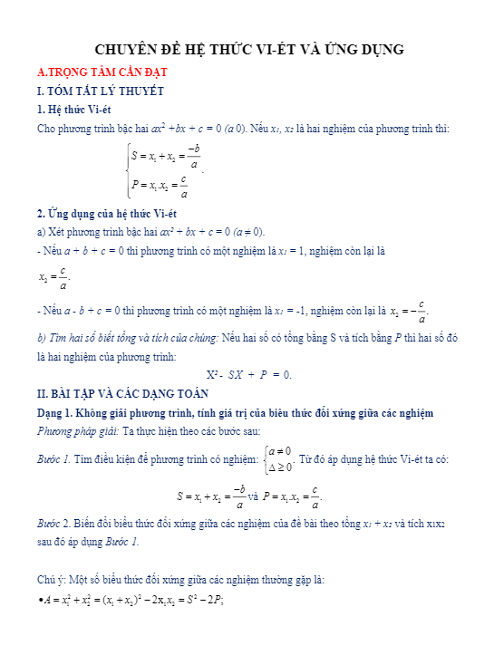 Chuyên Đề Định Lý Viète Lớp 9