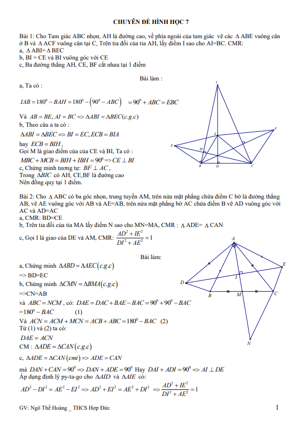 Chuyên đề hình học bồi dưỡng học sinh giỏi lớp 7 môn Toán