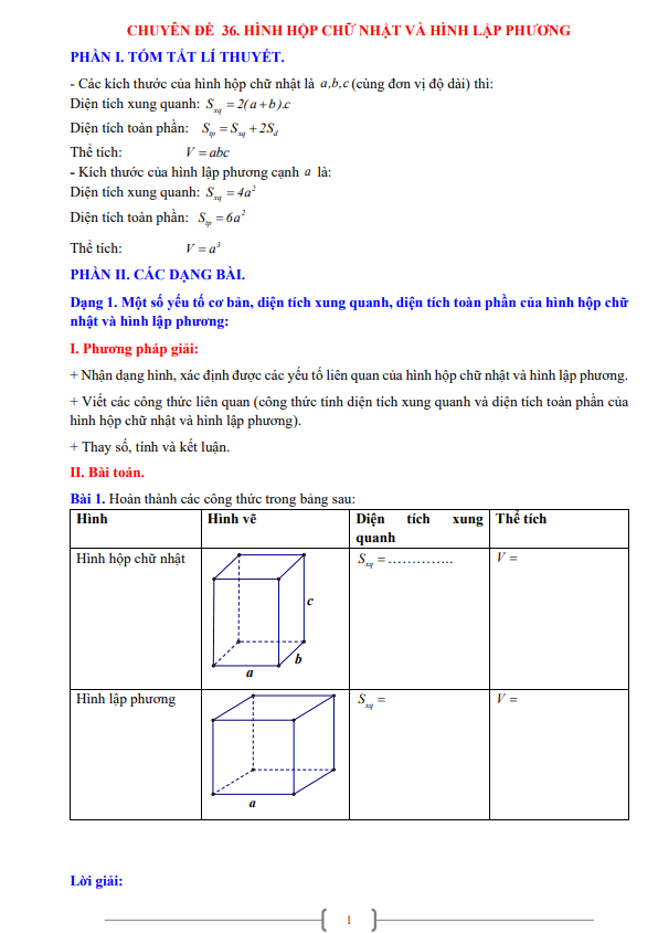 Chuyên đề hình hộp chữ nhật và hình lập phương lớp 7 môn Toán