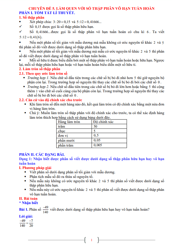Chuyên đề làm quen với số thập phân vô hạn tuần hoàn lớp 7 môn Toán