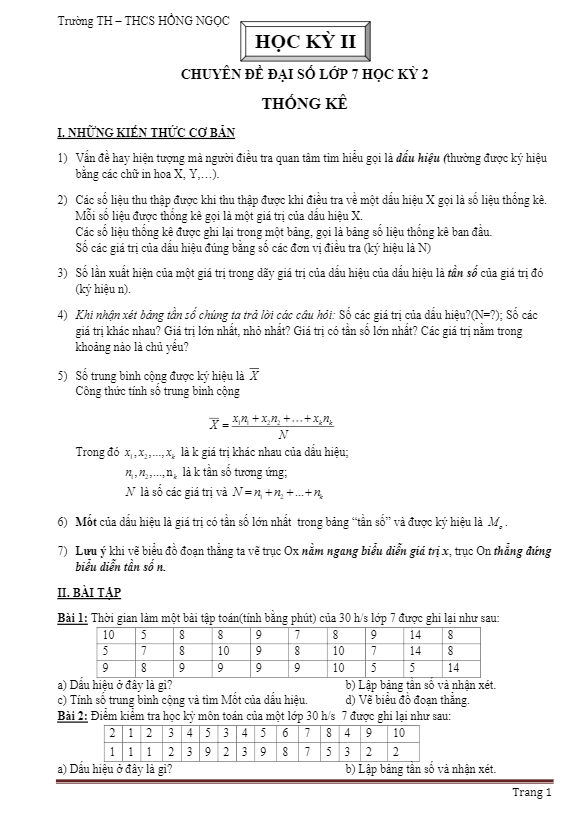 Chuyên đề lớp 7 môn Toán học kì 2 (HK2)