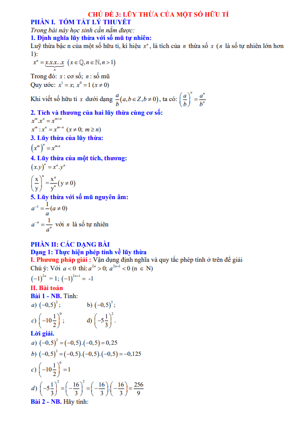 Chuyên đề lũy thừa của một số hữu tỉ lớp 7 môn Toán