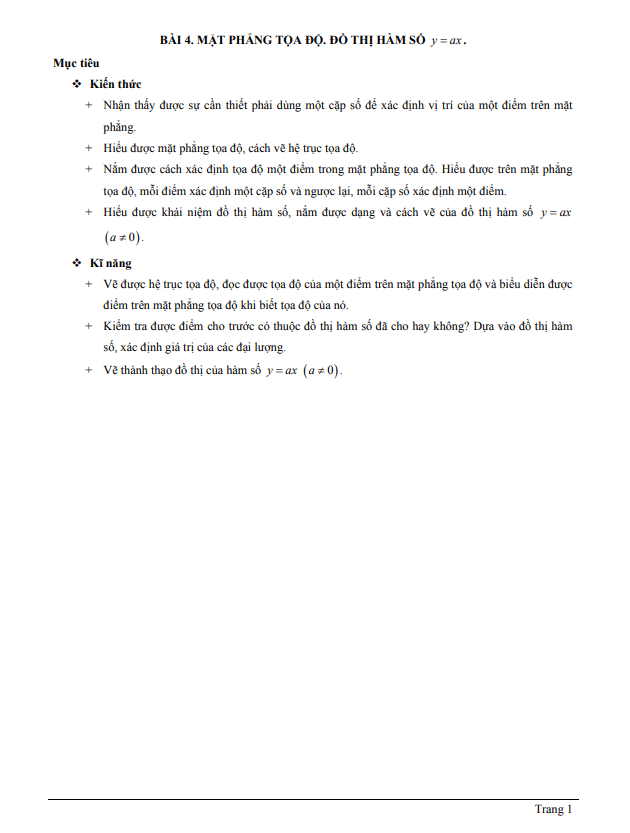 Chuyên đề mặt phẳng tọa độ, đồ thị hàm số y = ax (a khác 0)