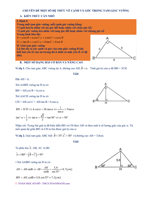 Chuyên đề một số hệ thức về cạnh và góc trong tam giác vuông