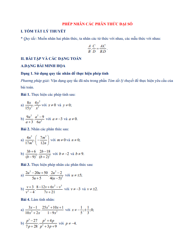 Chuyên đề phép nhân các phân thức đại số