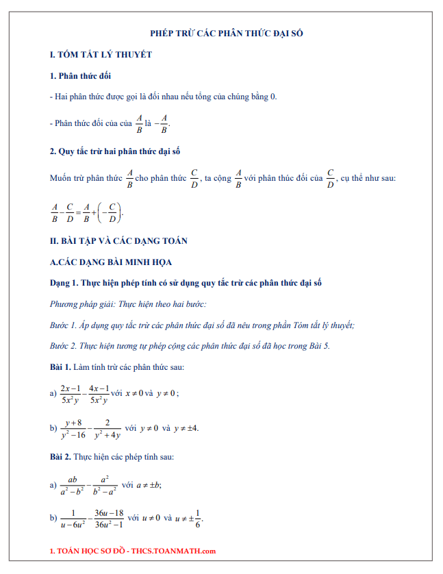 Chuyên đề phép trừ các phân thức đại số
