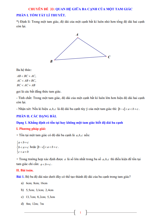 Chuyên đề quan hệ giữa ba cạnh của một tam giác lớp 7 môn Toán