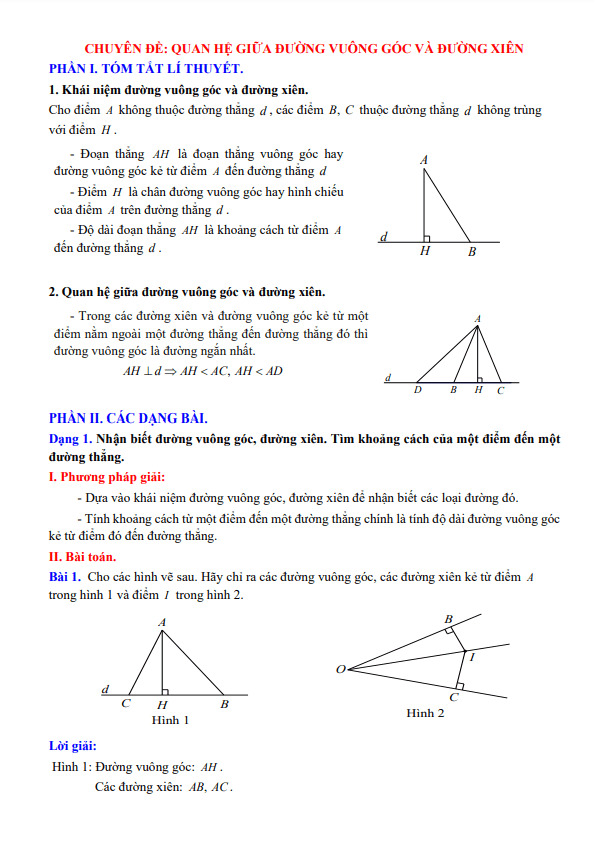 Chuyên đề quan hệ giữa đường vuông góc và đường xiên lớp 7 môn Toán