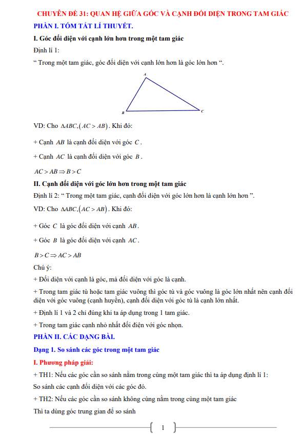 Chuyên đề quan hệ giữa góc và cạnh đối diện trong một tam giác lớp 7 môn Toán