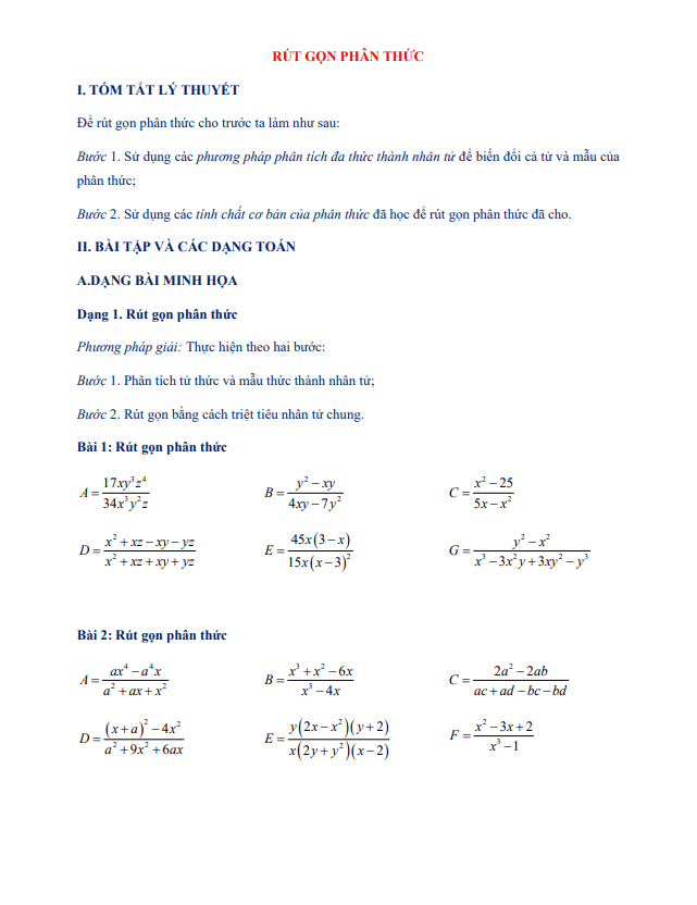 Chuyên đề rút gọn phân thức
