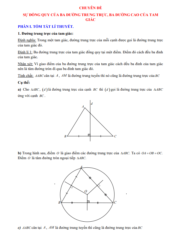 Chuyên đề sự đồng quy của ba đường trung trực, ba đường cao trong một tam giác lớp 7 môn Toán