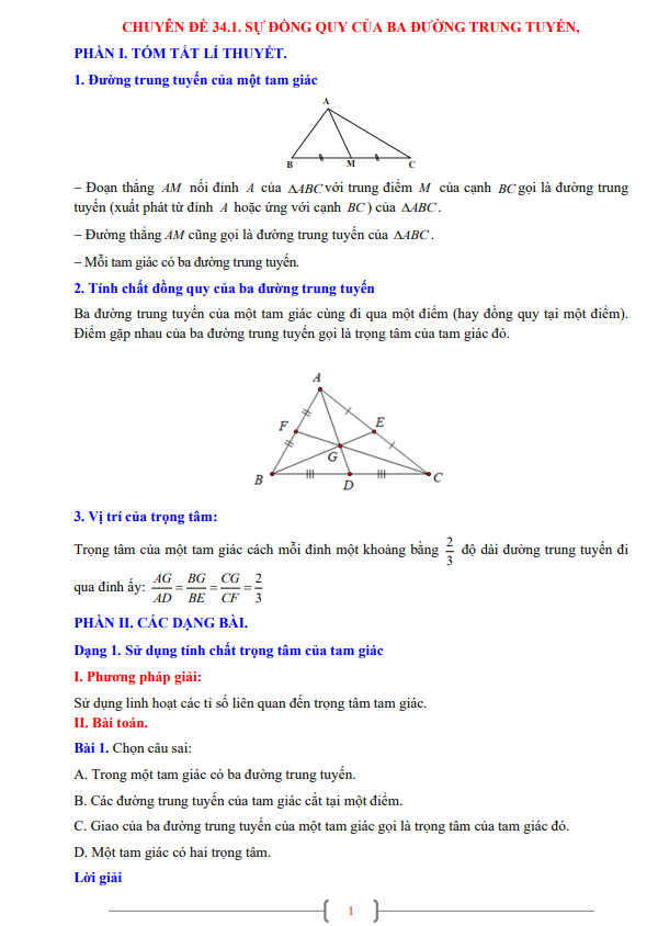 Chuyên đề sự đồng quy của ba trung tuyến, ba đường phân giác trong một tam giác lớp 7 môn Toán