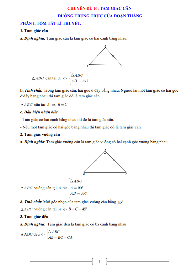 Chuyên đề tam giác cân, đường trung trực của đoạn thẳng lớp 7 môn Toán