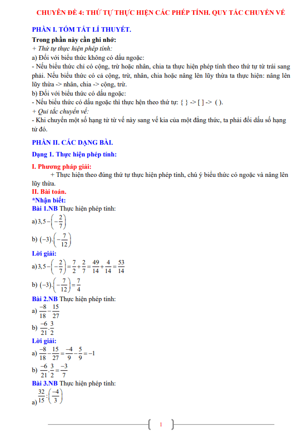 Chuyên đề thứ tự thực hiện các phép tính, quy tắc chuyển vế lớp 7 môn Toán