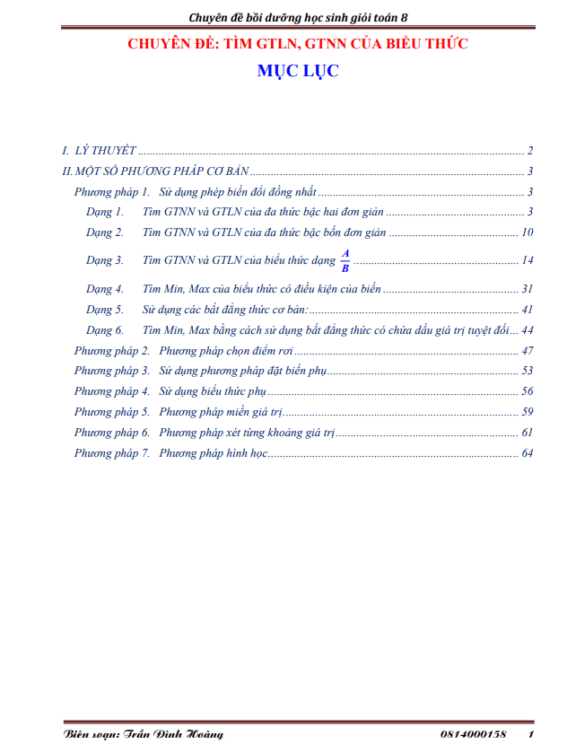Chuyên đề tìm GTLN GTNN của biểu thức bồi dưỡng học sinh giỏi lớp 8 môn Toán