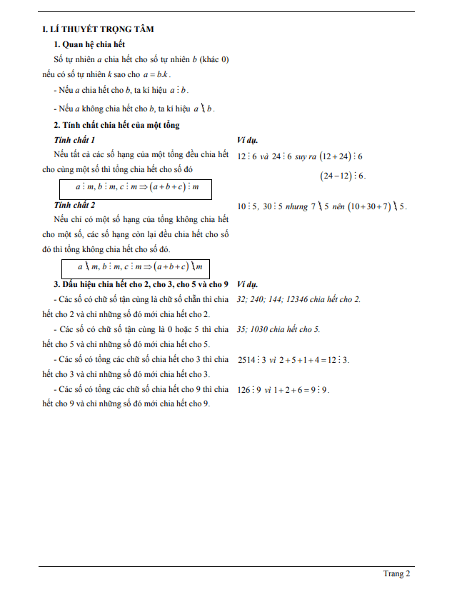 Chuyên đề tính chất chia hết của một tổng, dấu hiệu chia hết cho 2, cho 3, cho 5, cho 9