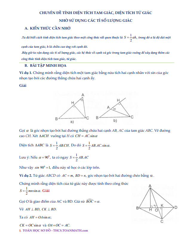 Chuyên đề tính diện tích tam giác, diện tích tứ giác nhờ sử dụng các tỉ số lượng giác
