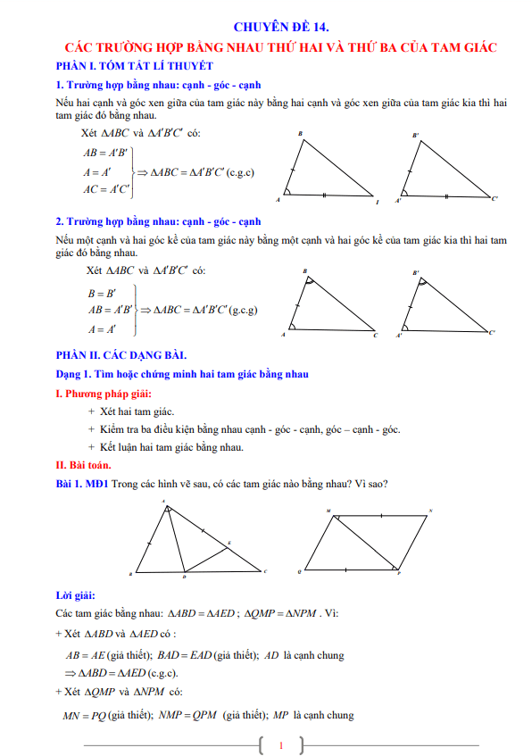 Chuyên đề trường hợp bằng nhau thứ hai và thứ ba của tam giác lớp 7 môn Toán