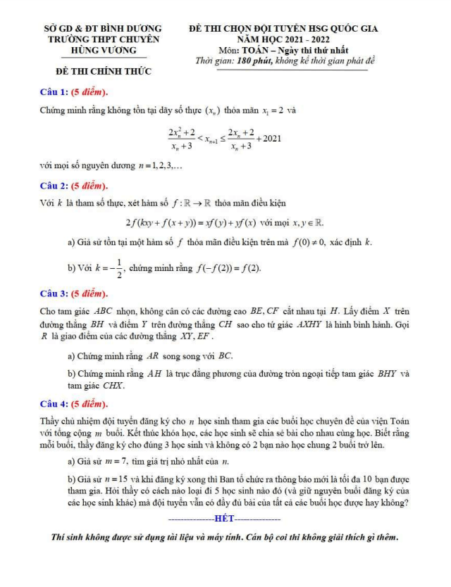 Đề chọn đội tuyển HSG QG môn Toán năm 2022 trường chuyên Hùng Vương Bình Dương