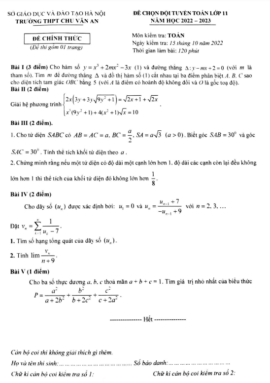 Đề chọn đội tuyển lớp 11 môn Toán năm 2022 2023 trường THPT Chu Văn An Hà Nội