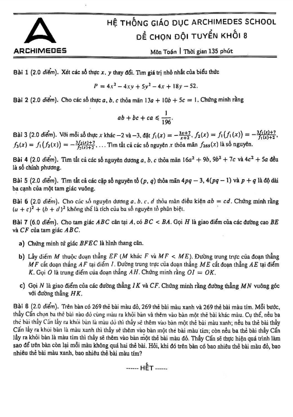 Đề chọn đội tuyển lớp 8 môn Toán năm 2022 2023 hệ thống GD Archimedes School Hà Nội