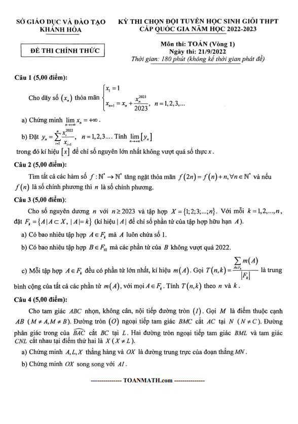 Đề chọn đội tuyển thi HSG QG môn Toán năm 2022 2023 sở GD ĐT Khánh Hòa
