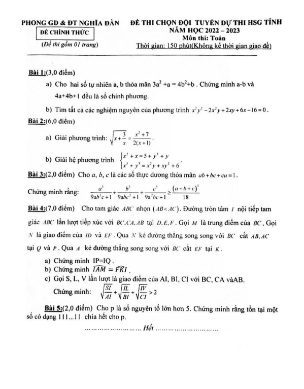 Đề chọn ĐT thi HSG tỉnh lớp 9 môn Toán năm 2022 2023 phòng GD ĐT Nghĩa Đàn Nghệ An
