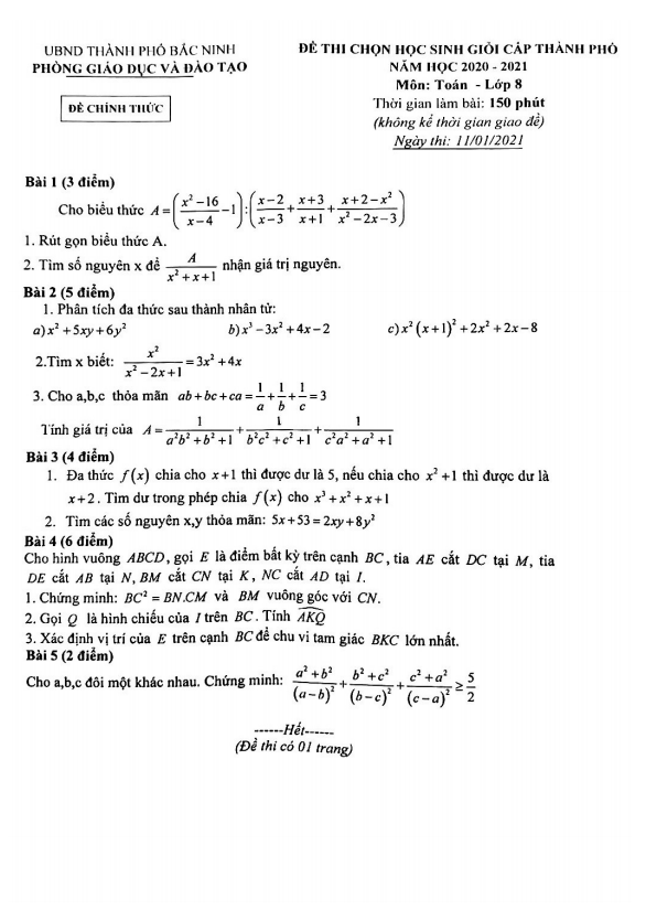 Đề chọn học sinh giỏi lớp 8 môn Toán năm 2020 2021 phòng GD ĐT Bắc Ninh