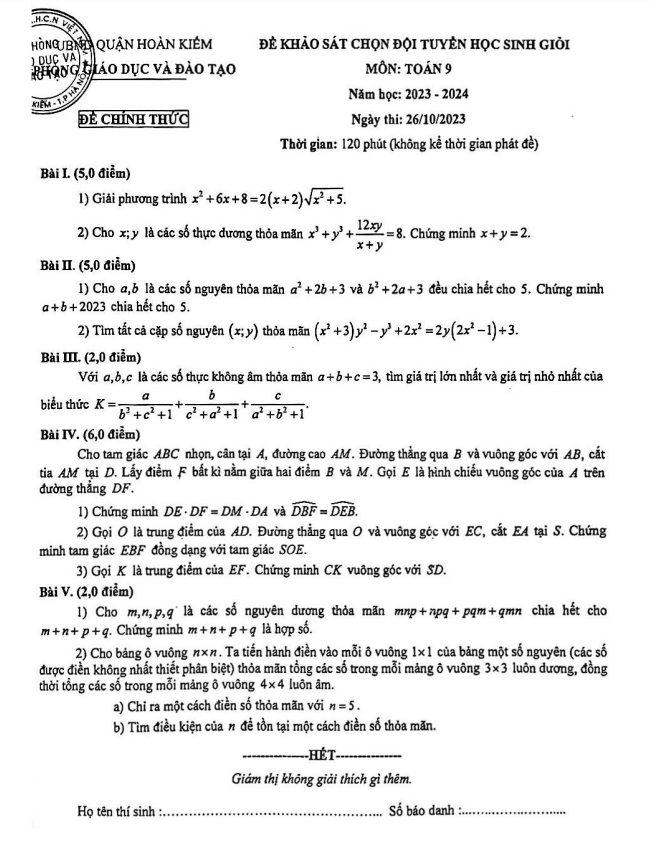 Đề chọn học sinh giỏi lớp 9 môn Toán năm 2023 2024 phòng GD ĐT Hoàn Kiếm Hà Nội