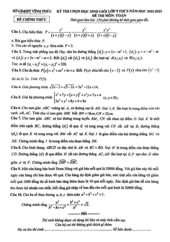 Đề chọn học sinh giỏi lớp 9 môn Toán THCS năm 2022 2023 sở GD ĐT Vĩnh Phúc