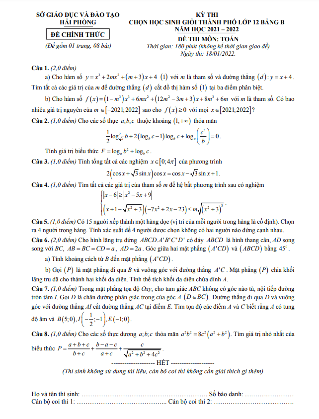 Đề chọn học sinh giỏi thành phố lớp 12 môn Toán năm 2021 2022 sở GD ĐT Hải Phòng