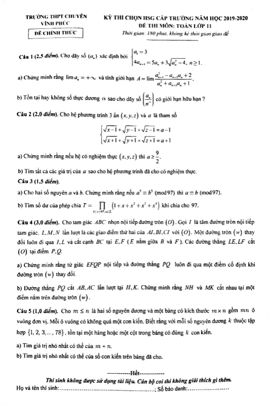 Đề chọn HSG lớp 11 môn Toán cấp trường năm 2019 2020 trường THPT chuyên Vĩnh Phúc