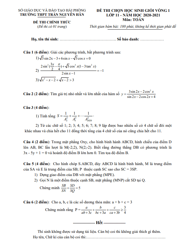 Đề chọn HSG lớp 11 môn Toán vòng 1 năm 2020 2021 trường THPT Trần Nguyên Hãn Hải Phòng
