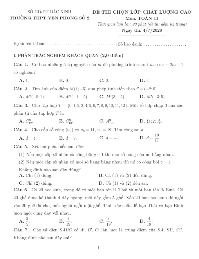 Đề chọn lớp chất lượng cao Toán 11 năm 2020 2021 trường Yên Phong 2 Bắc Ninh