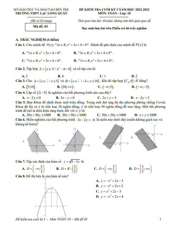 Đề cuối học kì 1 (HK1) lớp 10 môn Toán năm 2022 2023 trường Lạc Long Quân Bến Tre