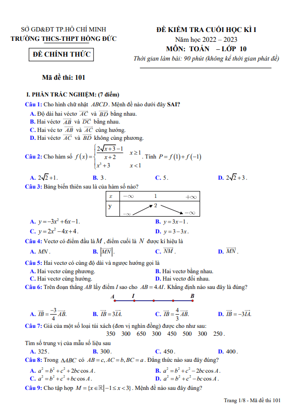 Đề cuối học kì 1 (HK1) lớp 10 môn Toán năm 2022 2023 trường THCS THPT Hồng Đức TP HCM
