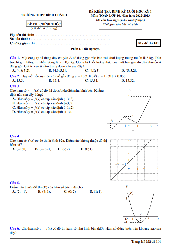 Đề cuối học kì 1 (HK1) lớp 10 môn Toán năm 2022 2023 trường THPT Bình Chánh TP HCM