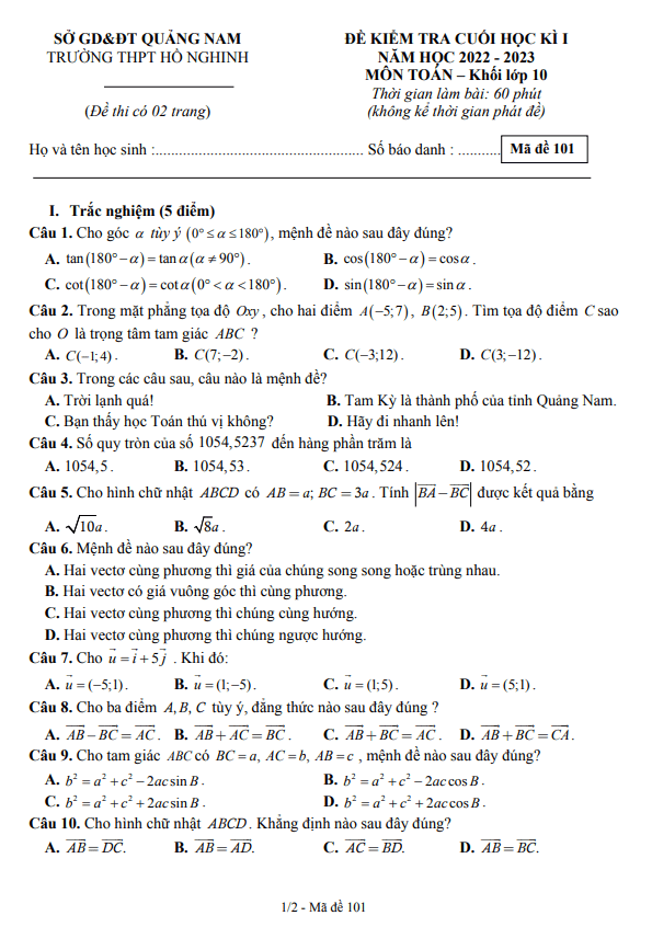 Đề cuối học kì 1 (HK1) lớp 10 môn Toán năm 2022 2023 trường THPT Hồ Nghinh Quảng Nam
