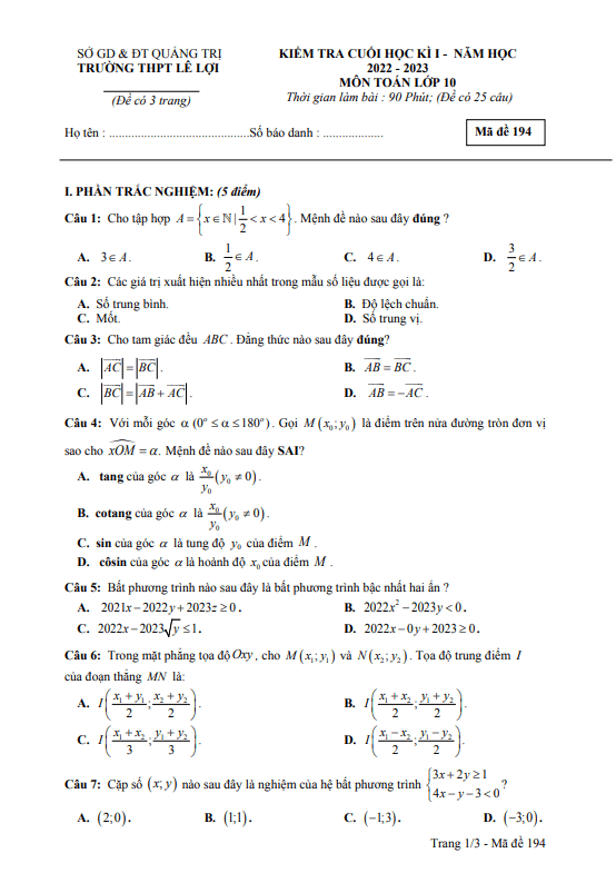 Đề cuối học kì 1 (HK1) lớp 10 môn Toán năm 2022 2023 trường THPT Lê Lợi Quảng Trị