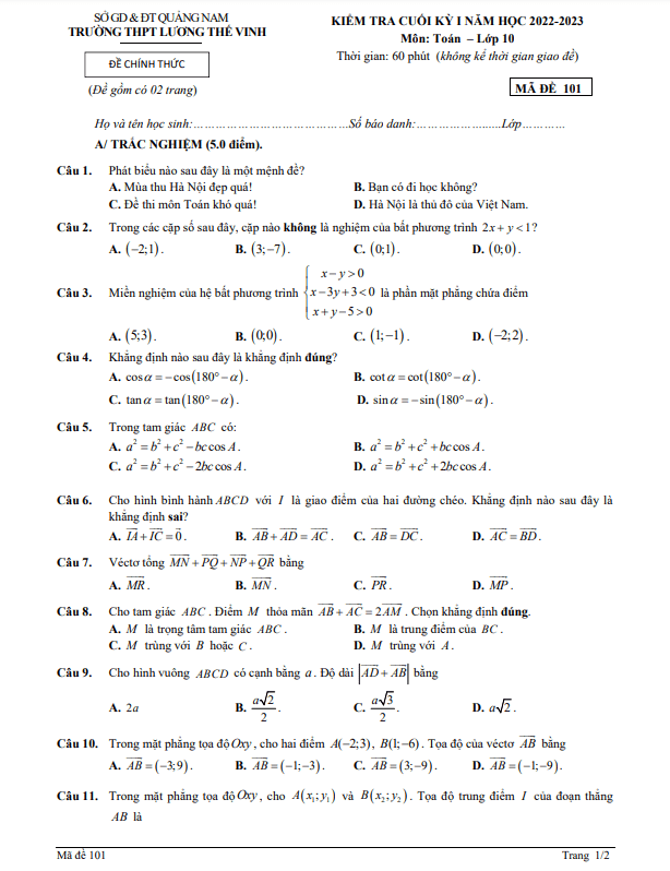 Đề cuối học kì 1 (HK1) lớp 10 môn Toán năm 2022 2023 trường THPT Lương Thế Vinh Quảng Nam
