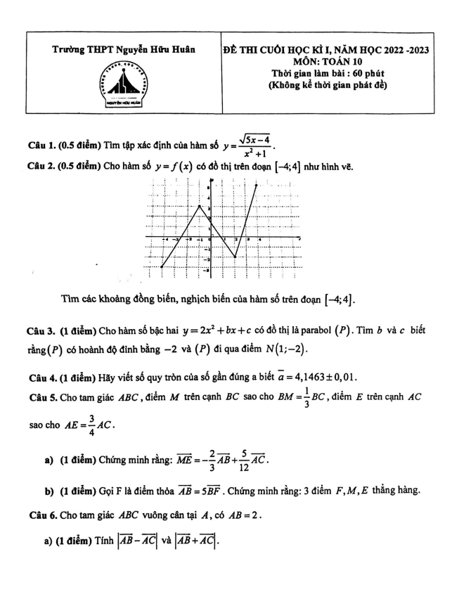 Đề cuối học kì 1 (HK1) lớp 10 môn Toán năm 2022 2023 trường THPT Nguyễn Hữu Huân TP HCM