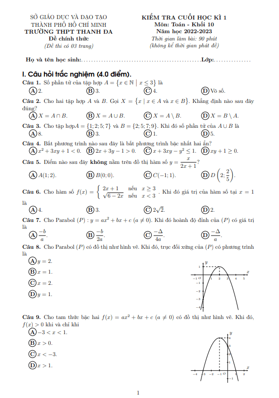 Đề cuối học kì 1 (HK1) lớp 10 môn Toán năm 2022 2023 trường THPT Thanh Đa TP HCM