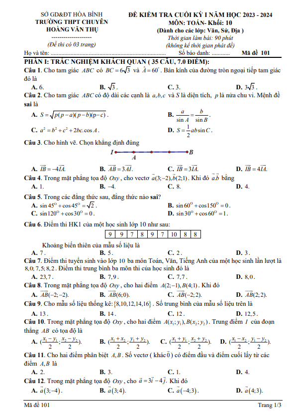 Đề cuối học kì 1 (HK1) lớp 10 môn Toán năm 2023 2024 trường chuyên Hoàng Văn Thụ Hòa Bình