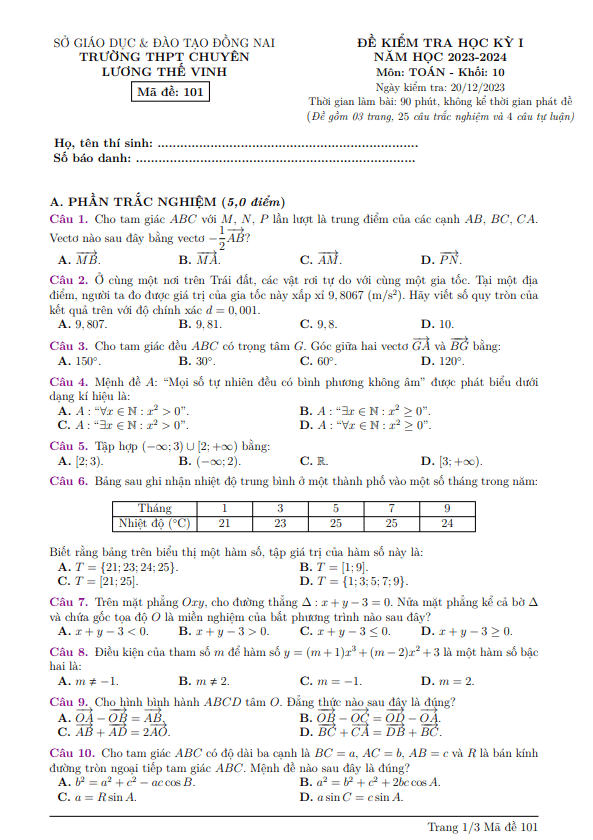 Đề cuối học kì 1 (HK1) lớp 10 môn Toán năm 2023 2024 trường chuyên Lương Thế Vinh Đồng Nai