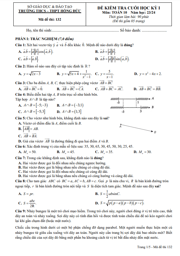 Đề cuối học kì 1 (HK1) lớp 10 môn Toán năm 2023 2024 trường THCS THPT Hồng Đức TP HCM